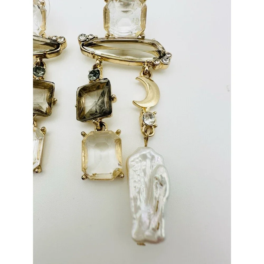 Gold Tone Crystal Baroque Pearl Statement Earrings